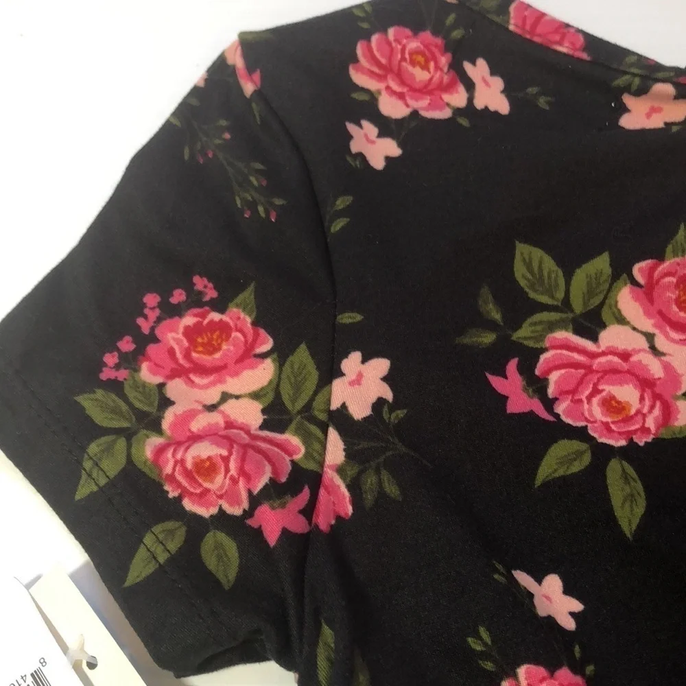 BTWEEN Girls Stretchy Dress Black Pink Rose Floral Keyhole Back Size L 10/12 NWT